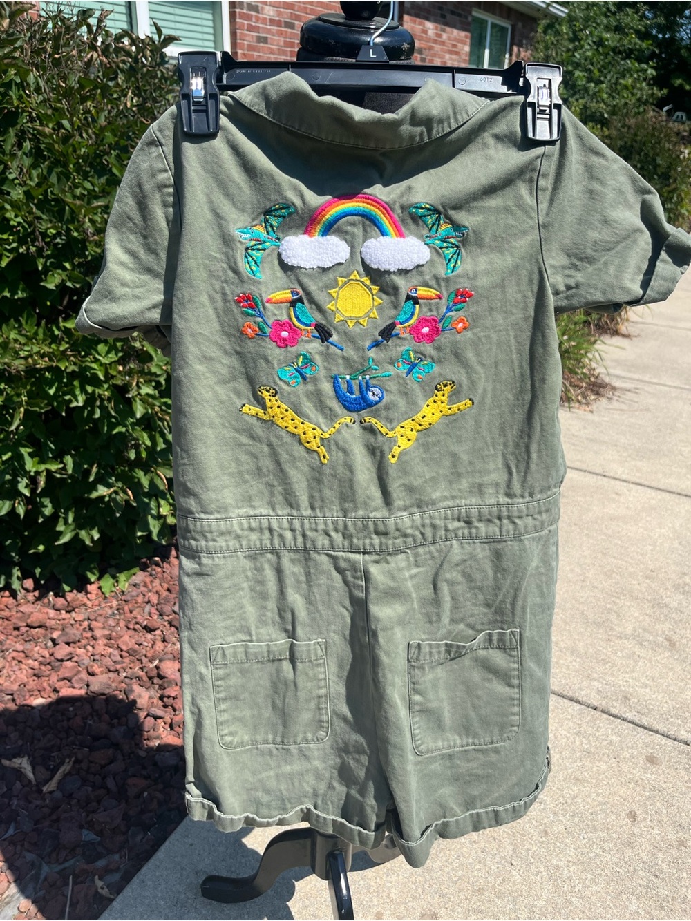 Hanna Andersson Olive Green Embroidered Kids Romper with Rainbow Motif size 10